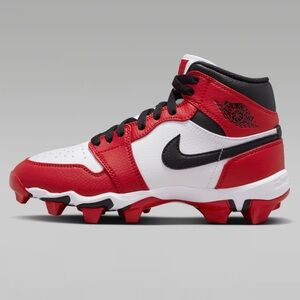 Nike Jordan 1 Mid Youth Cleats in Red Black and White